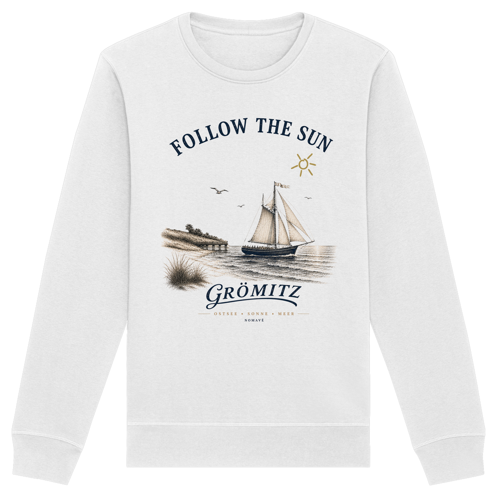 Grömitz Follow the Sun Unisex Bio-Sweatshirt in Weiß mit Segelschiffmotiv