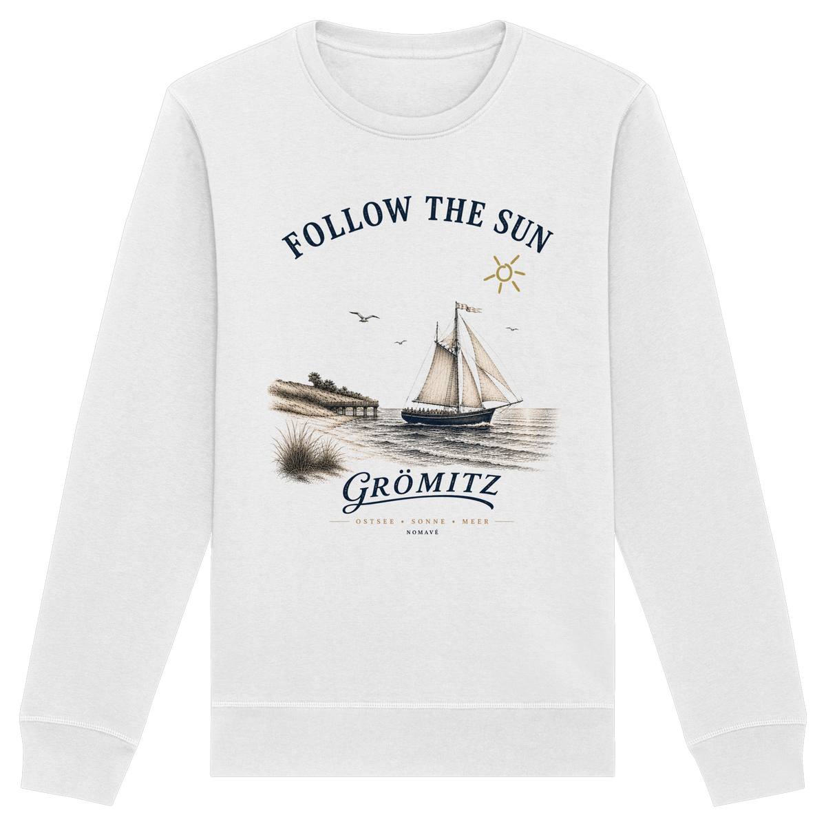 Grömitz Follow the Sun Unisex Bio-Sweatshirt in Weiß mit Segelschiffmotiv