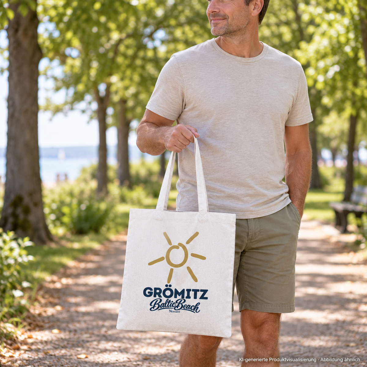 Grömitz Sonne Baumwolltasche in Weiß mit Baltic-Beach-Frontdruck – Mann trägt Tasche am Parkweg, KI-Produktvisualisierung
