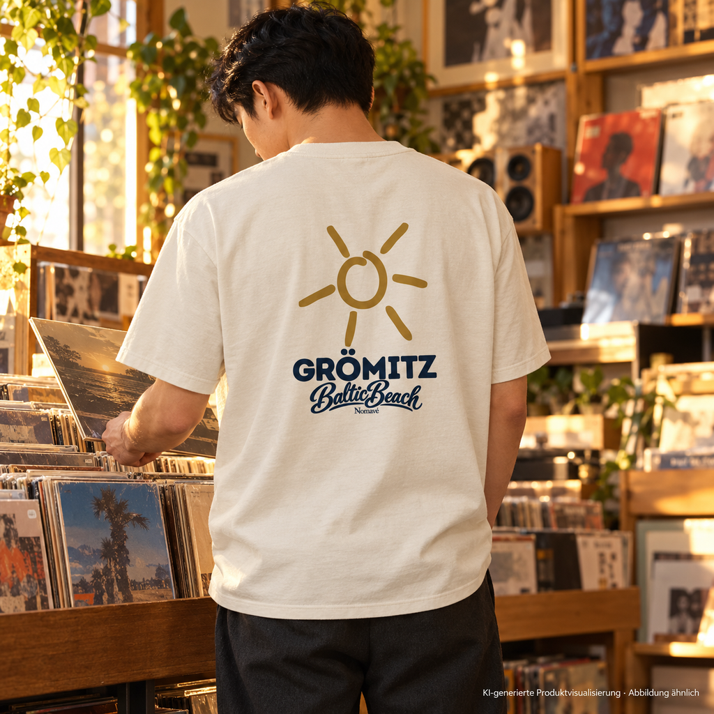 Grömitz Sonne Bio-Heavy T-Shirt in Natural Raw mit Baltic-Beach-Rückendruck – Mann im Plattenladen, KI-Produktvisualisierung