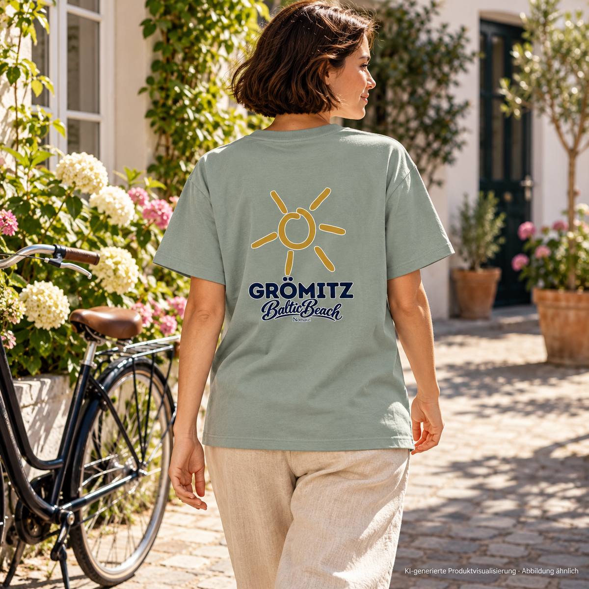 Grömitz Sonne Bio-Heavy T-Shirt in Aloe mit Baltic-Beach-Rückendruck – Frau im sonnigen Wohnhof, KI-Produktvisualisierung