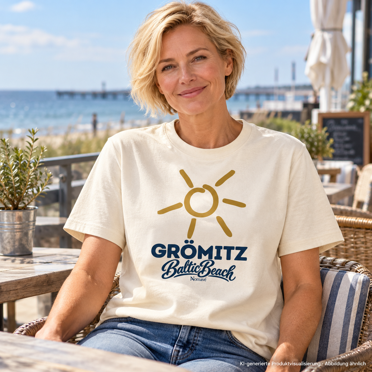 Grömitz Sonne Bio-Heavy T-Shirt in Natural Raw mit Baltic-Beach-Frontdruck – Frau auf Meerterrasse, KI-Produktvisualisierung