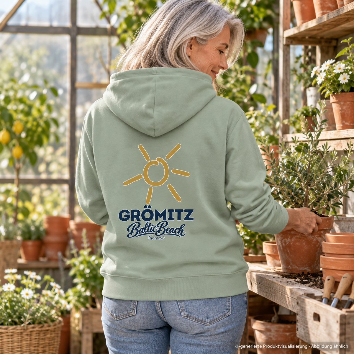 Grömitz Sonne Bio Hoodie Aloe mit Baltic-Beach-Rückendruck – Frau beim Umtopfen im Gewächshaus, KI-Produktvisualisierung