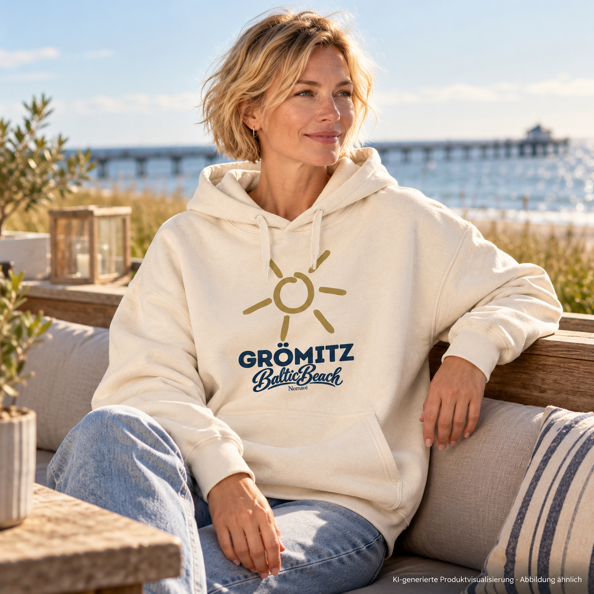 Grömitz Sonne Bio Oversize Hoodie in Natural Raw mit Baltic-Beach-Frontdruck – Frau auf Meerterrasse, KI-Produktvisualisierung