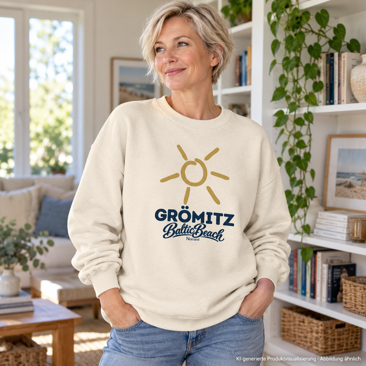 Grömitz Sonne Bio Oversize Sweatshirt in Natural Raw mit Baltic-Beach-Frontdruck – Frau im hellen Wohnzimmer, KI-Produktvisualisierung