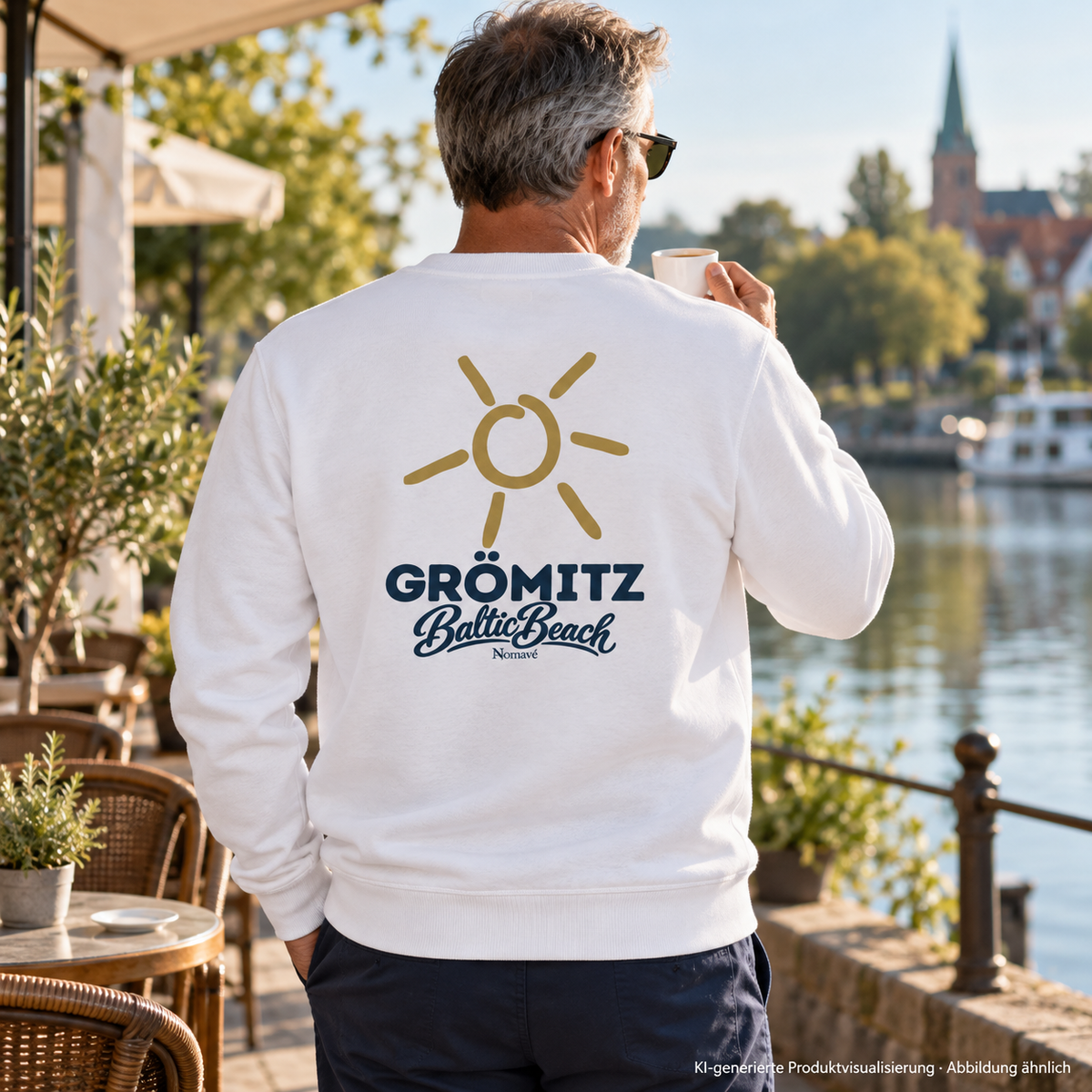 Grömitz Sonne Bio Unisex Sweatshirt White mit Rückendruck – Mann mit Kaffee an einer Flussterrasse, KI-Produktvisualisierung