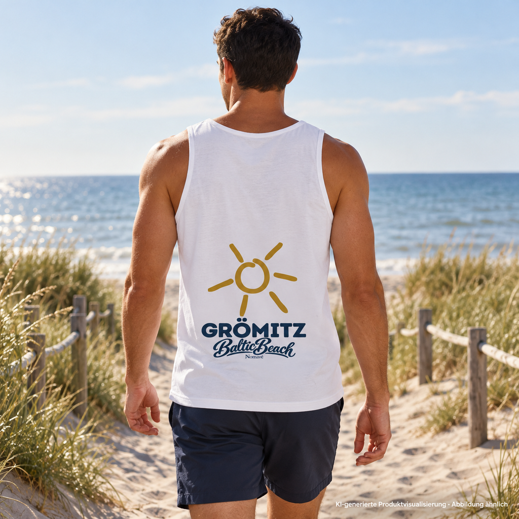Grömitz Sonne Bio Tanktop White mit Baltic-Beach-Rückendruck – Mann auf Strandweg, KI-Produktvisualisierung