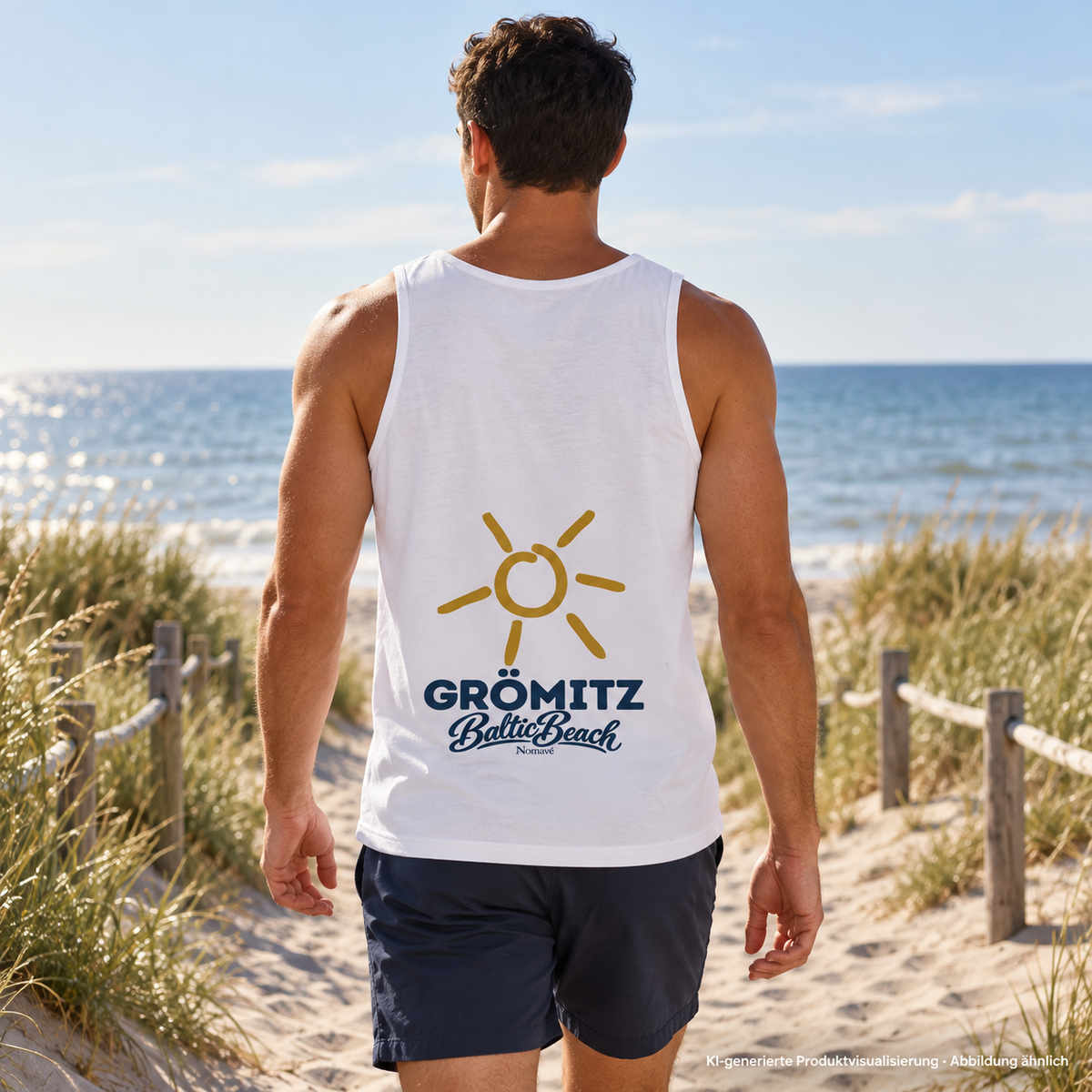 Grömitz Sonne Bio Tanktop White mit Baltic-Beach-Rückendruck – Mann auf Strandweg, KI-Produktvisualisierung