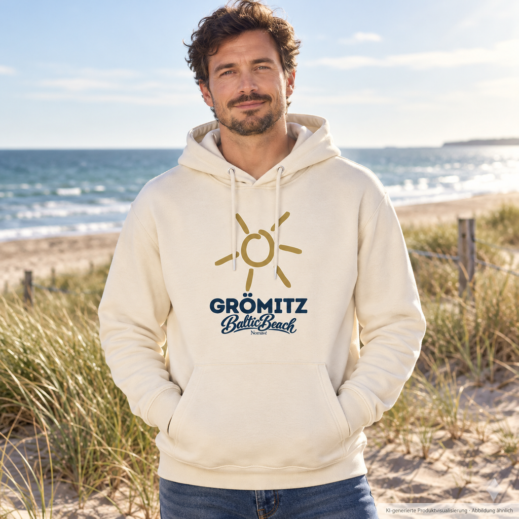 Grömitz Sonne Bio Unisex Hoodie in Natural Raw mit Baltic-Beach-Frontdruck – Mann am Dünenweg, KI-Produktvisualisierung