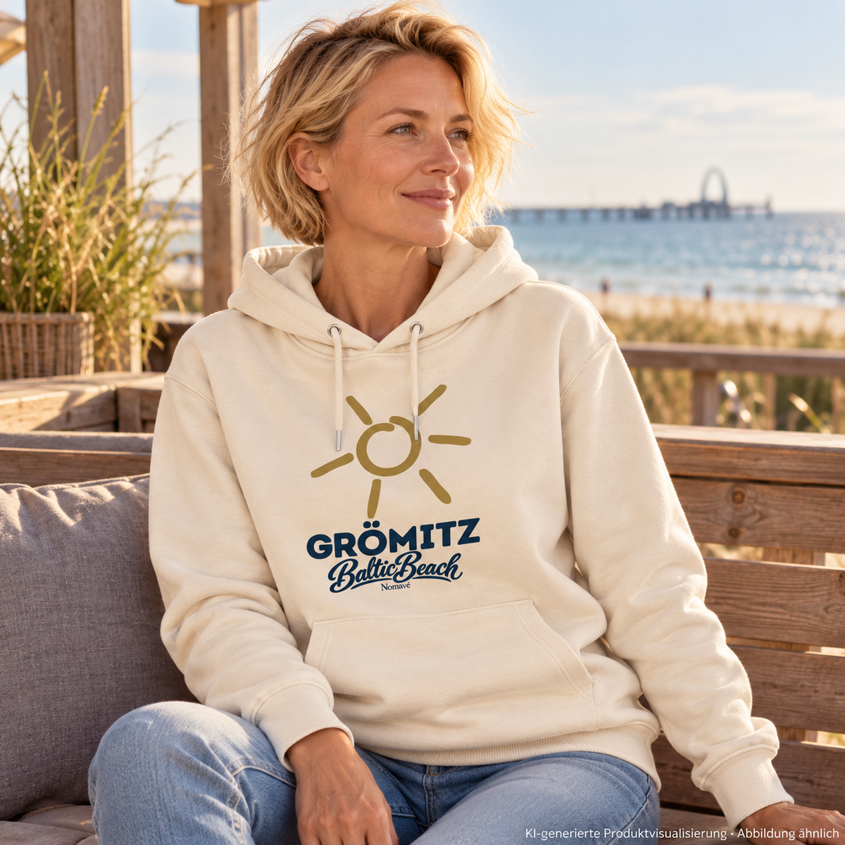 Grömitz Sonne Bio Unisex Hoodie in Natural Raw mit Baltic-Beach-Frontdruck – Frau auf Küstenterrasse, KI-Produktvisualisierung
