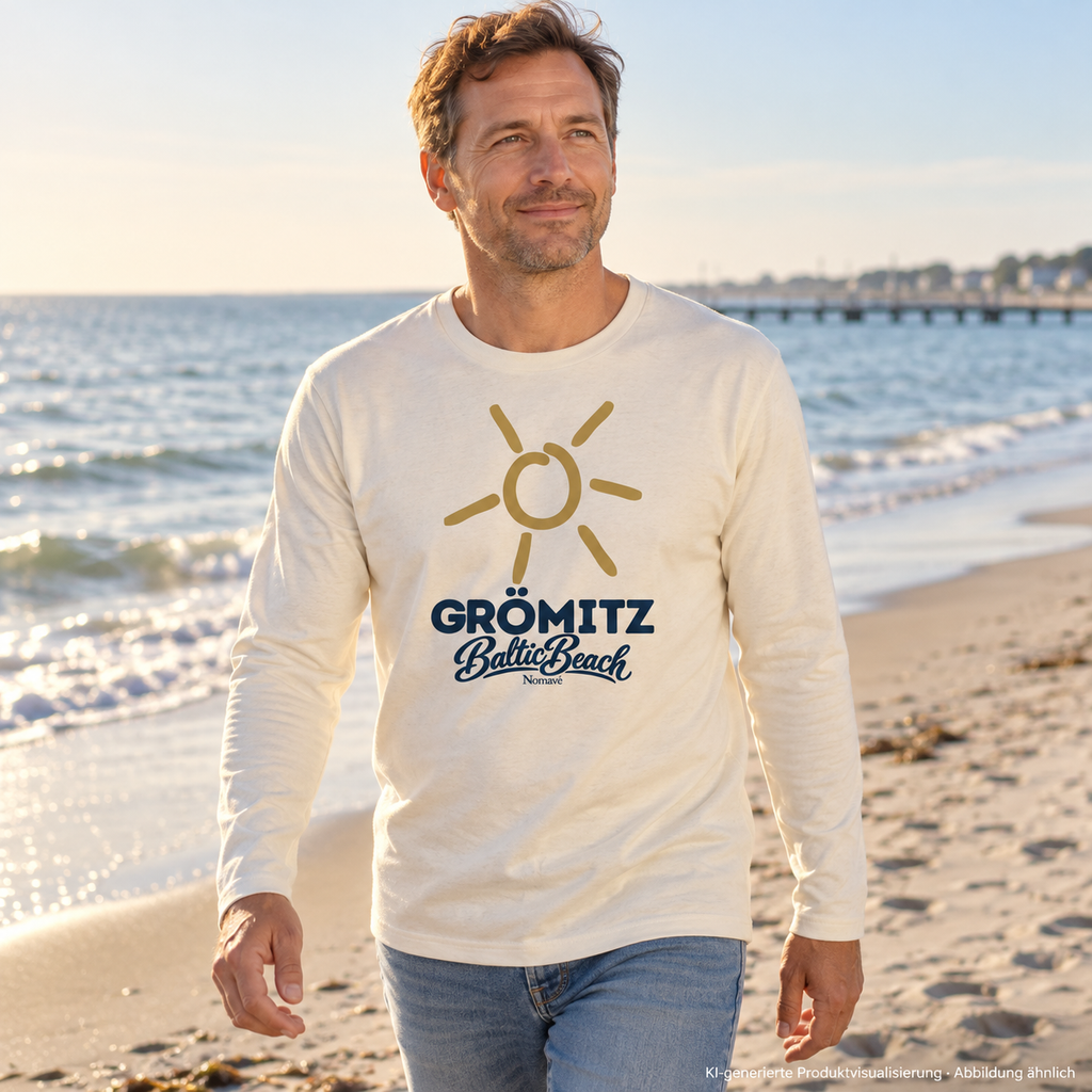 Grömitz Sonne Bio Unisex Longsleeve in Natural Raw mit Baltic-Beach-Frontdruck – Mann am Ostseestrand, KI-Produktvisualisierung