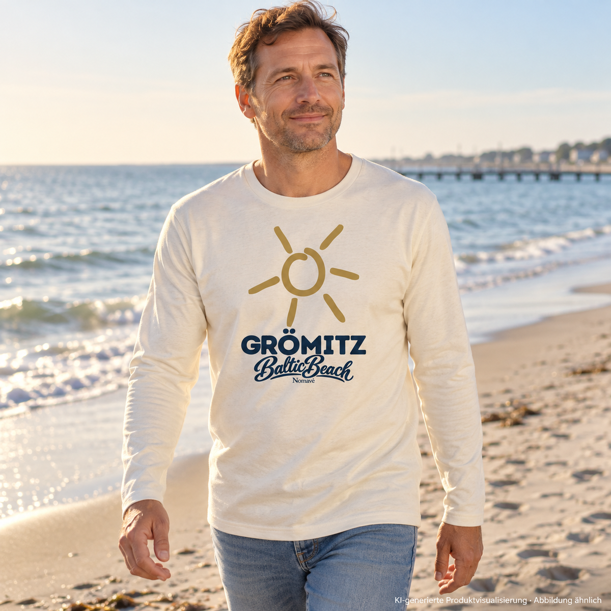 Grömitz Sonne Bio Unisex Longsleeve in Natural Raw mit Baltic-Beach-Frontdruck – Mann am Ostseestrand, KI-Produktvisualisierung