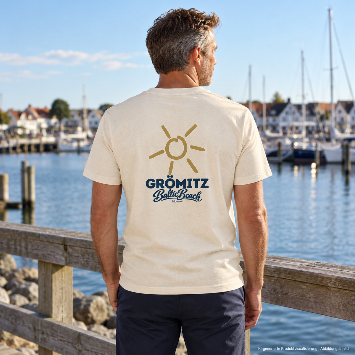 Grömitz Sonne Bio Unisex T-Shirt in Natural Raw mit Baltic-Beach-Rückendruck – Mann am Hafen, KI-Produktvisualisierung