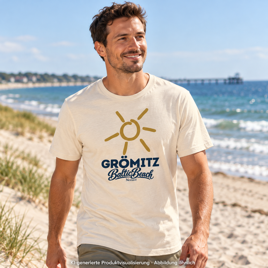 Grömitz Sonne Bio Unisex T-Shirt in Natural Raw mit Baltic-Beach-Frontdruck – Mann am Ostseestrand, KI-Produktvisualisierung
