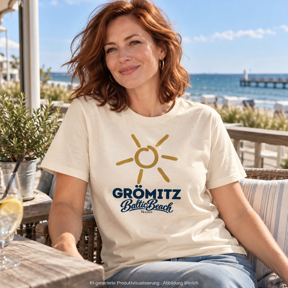 Grömitz Sonne Bio Unisex T-Shirt in Natural Raw mit Baltic-Beach-Frontdruck – Frau auf Meerterrasse, KI-Produktvisualisierung