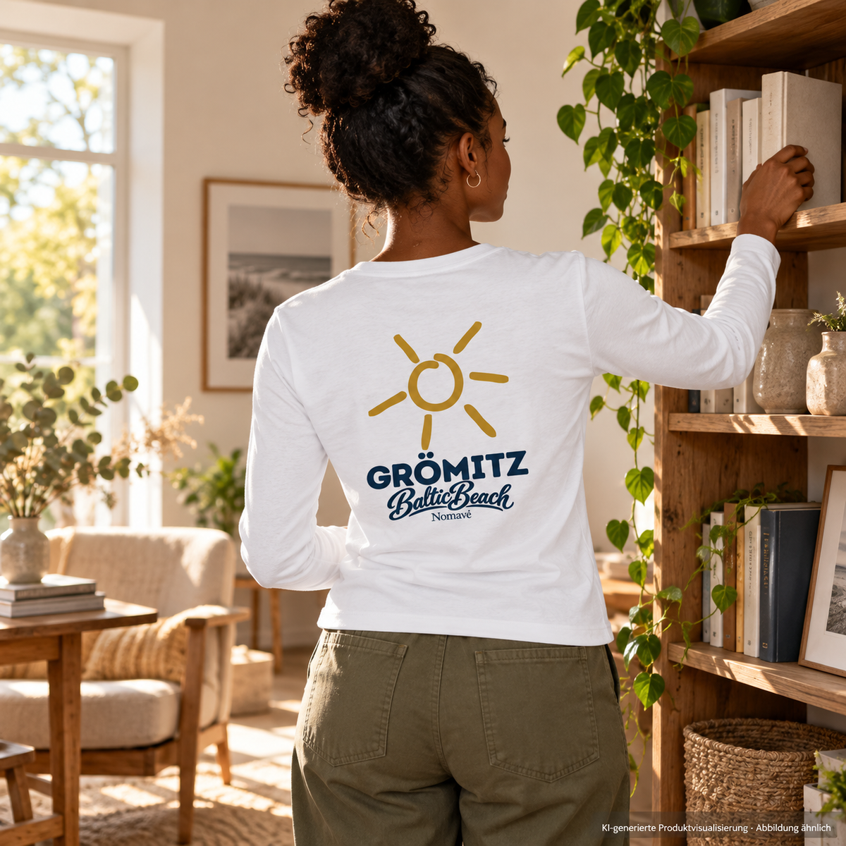 Grömitz Sonne Damen Bio Longsleeve White mit Baltic-Beach-Rückendruck – Frau im sonnigen Lesezimmer, KI-Produktvisualisierung