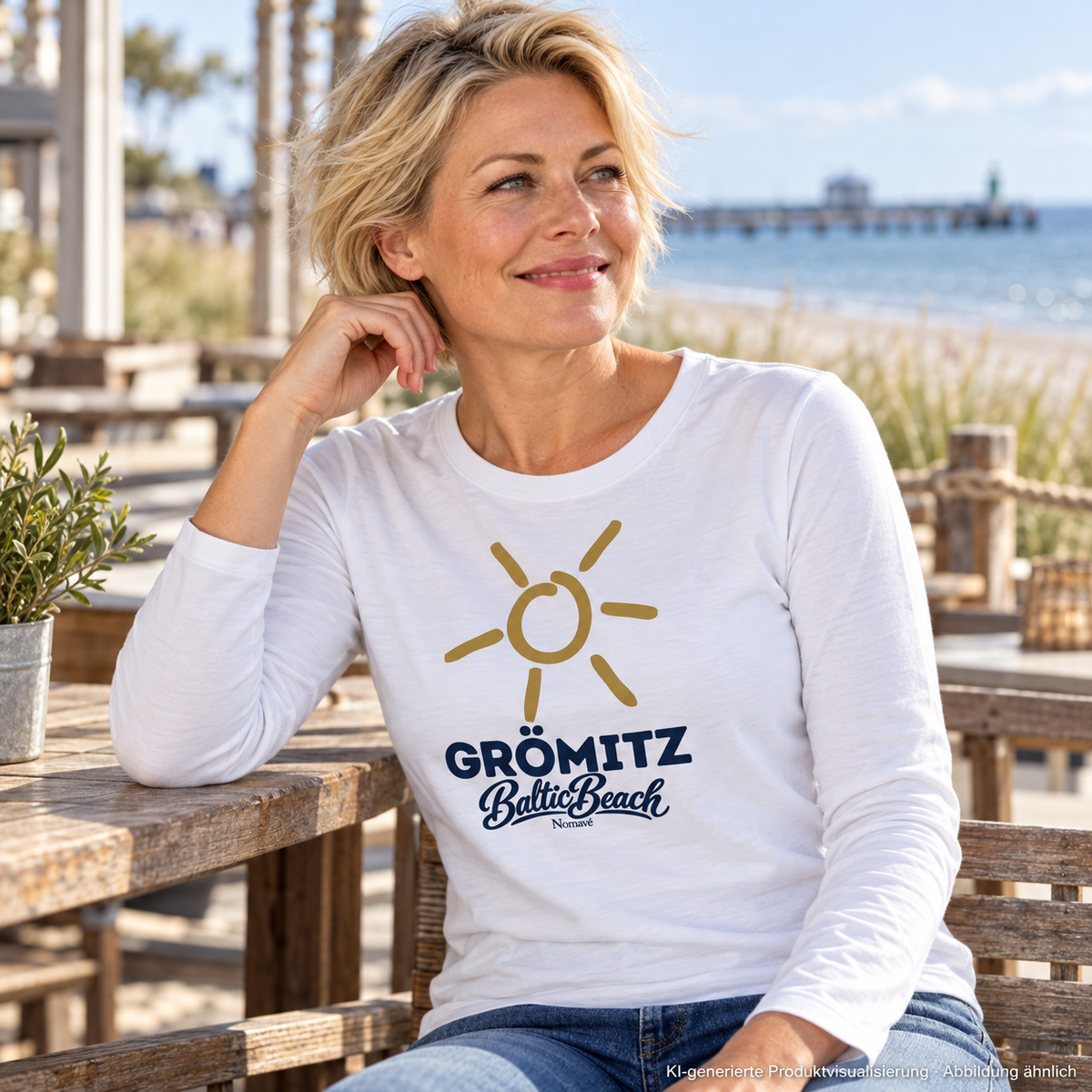 Grömitz Sonne Damen Bio Longsleeve in Weiß mit Baltic-Beach-Frontdruck – Frau auf Meerterrasse, KI-Produktvisualisierung