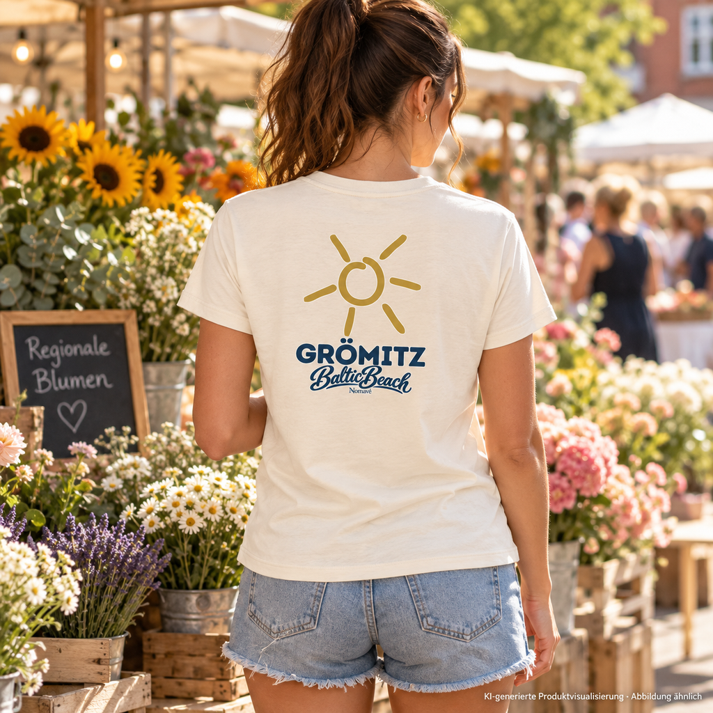 Grömitz Sonne Damen Bio T-Shirt mit Baltic-Beach-Rückendruck in Natural Raw, Frau am Blumenmarkt – KI-Produktvisualisierung