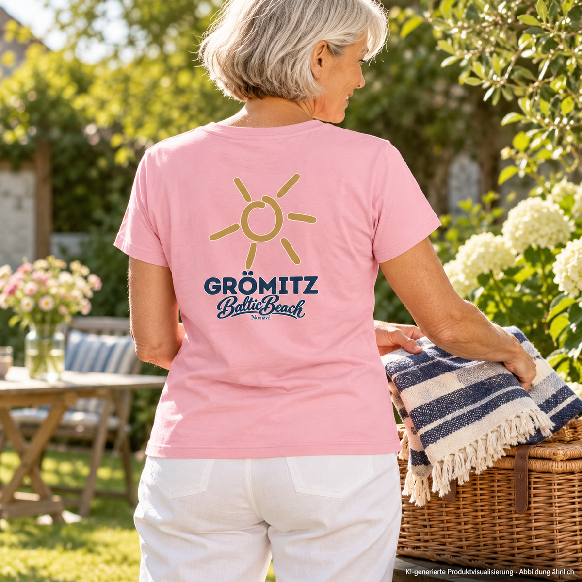 Grömitz Sonne Damen Bio T-Shirt mit Baltic-Beach-Rückendruck in Cotton Pink, Frau beim Picknick im Garten – KI-Produktvisualisierung