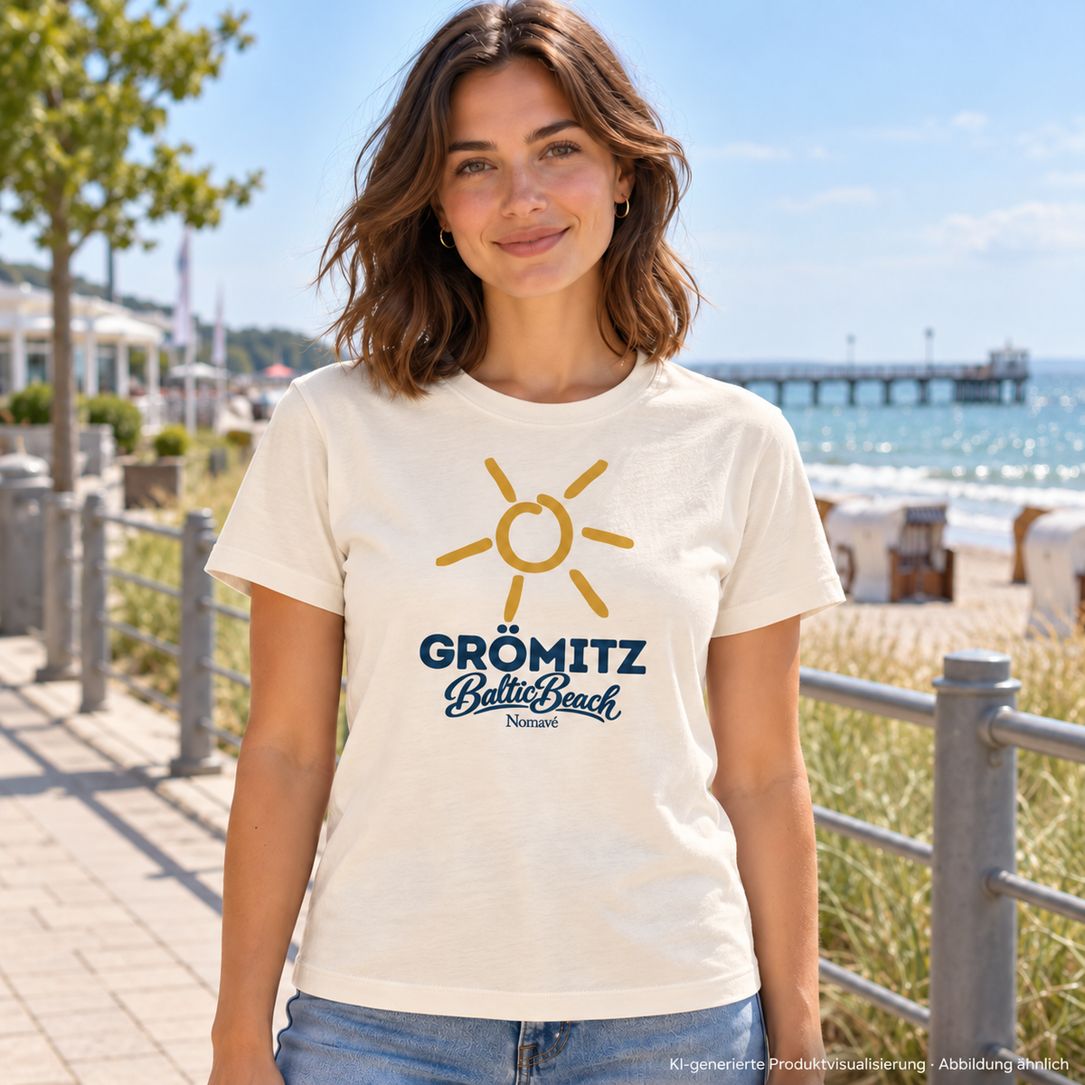 Grömitz Sonne Damen Bio T-Shirt in Natural Raw mit Baltic-Beach-Frontdruck – Frau auf Strandpromenade, KI-Produktvisualisierung