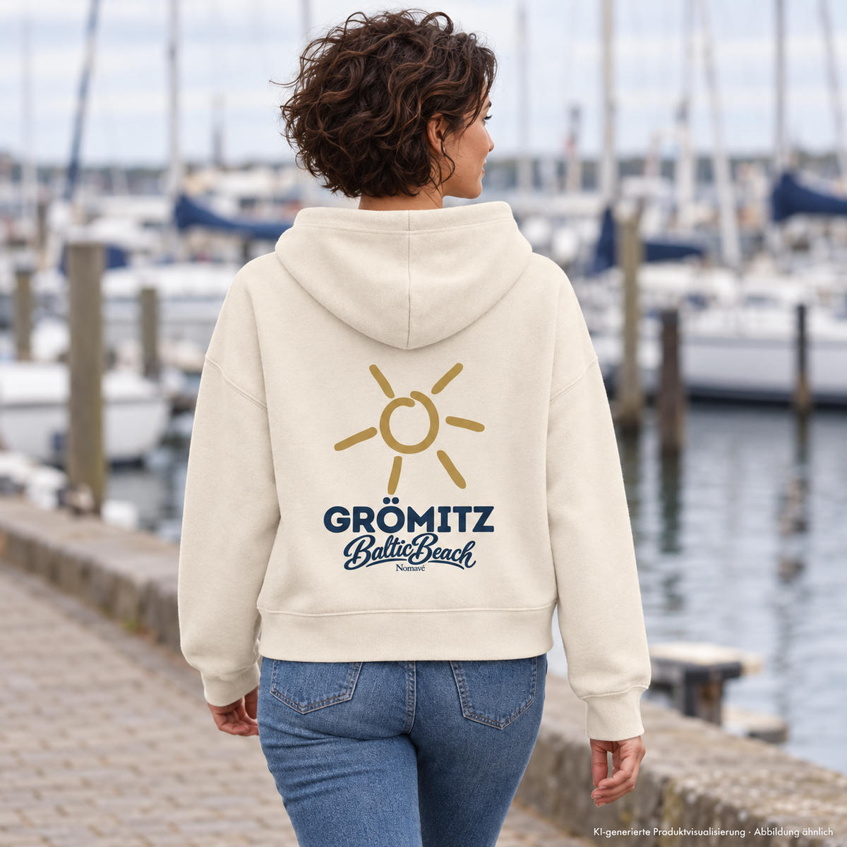 Grömitz Sonne Damen Bio Boxcut Hoodie Natural Raw mit Rückendruck – Frau am Yachthafen, KI-Produktvisualisierung