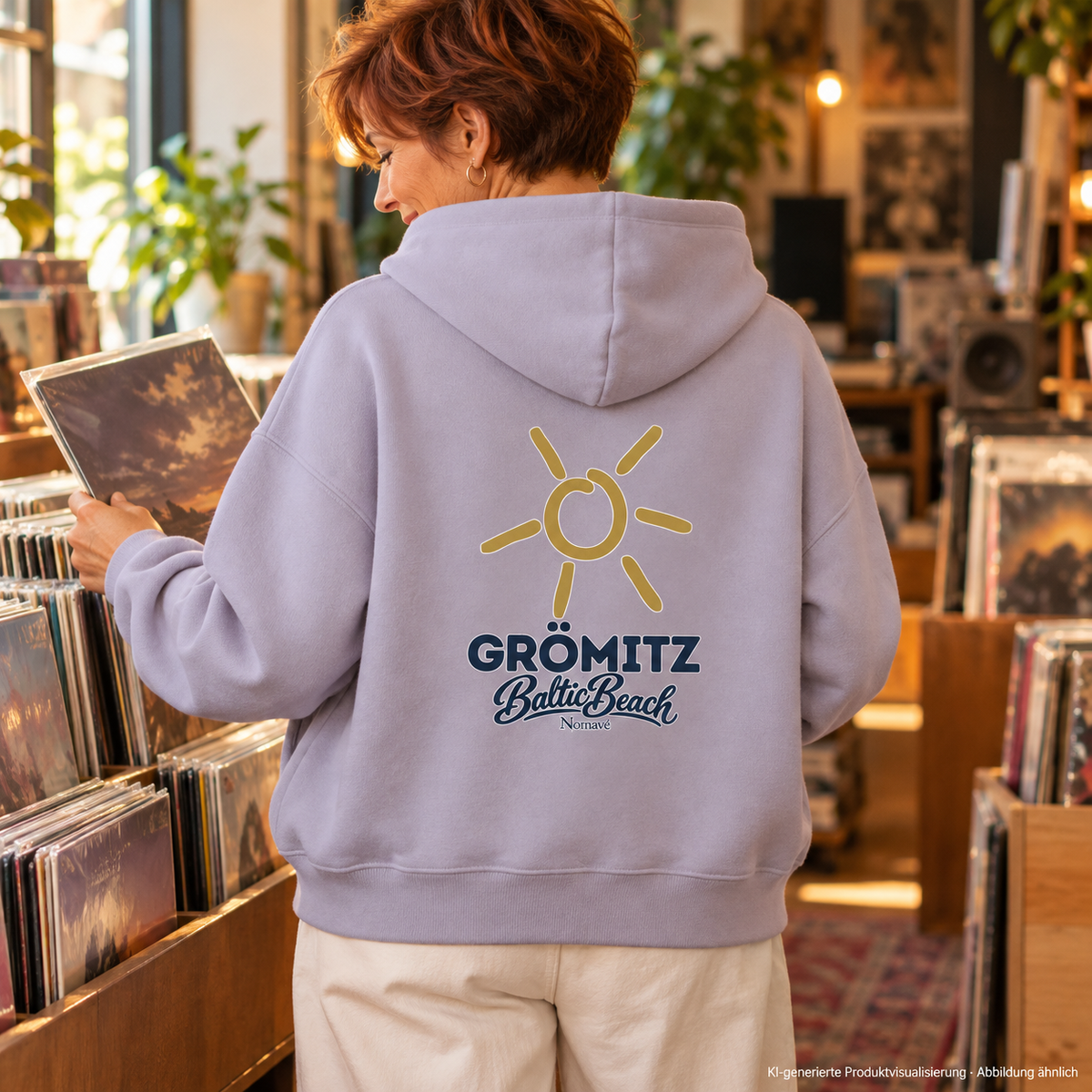Grömitz Sonne Damen Bio Boxcut Hoodie Lavender mit Rückendruck – Frau beim Stöbern im Plattenladen, KI-Produktvisualisierung