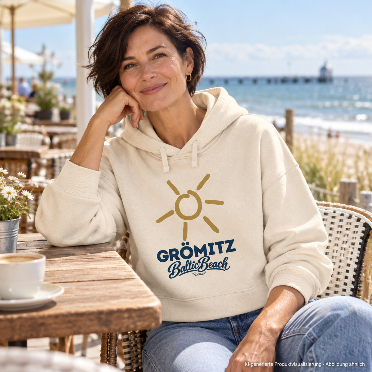 Grömitz Sonne Damen Bio Boxcut Hoodie in Natural Raw mit Baltic-Beach-Frontdruck – Frau im Küstencafé, KI-Produktvisualisierung
