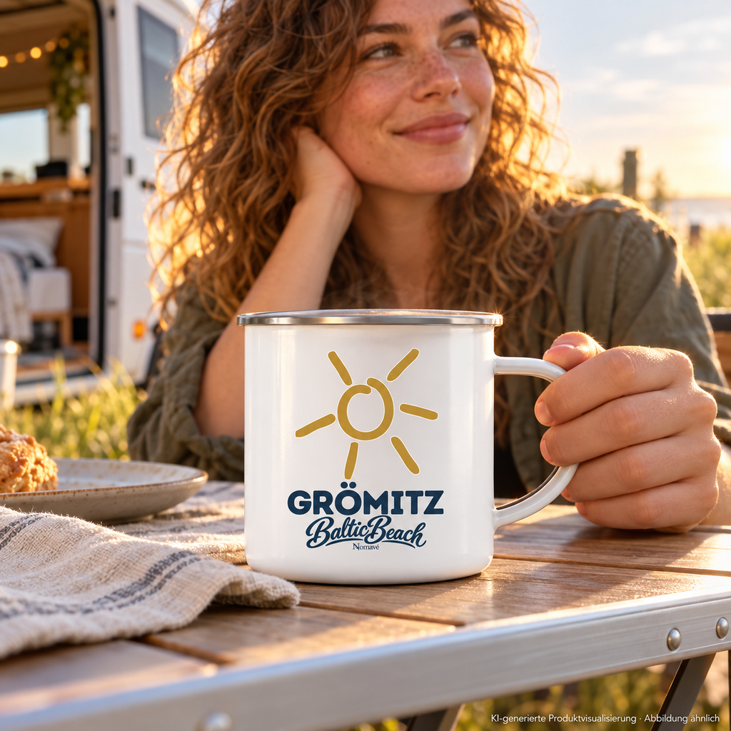 Grömitz Sonne weiße Emaille-Tasse 300 ml mit Silberrand beim Frühstück vor dem Camper – KI-Produktvisualisierung