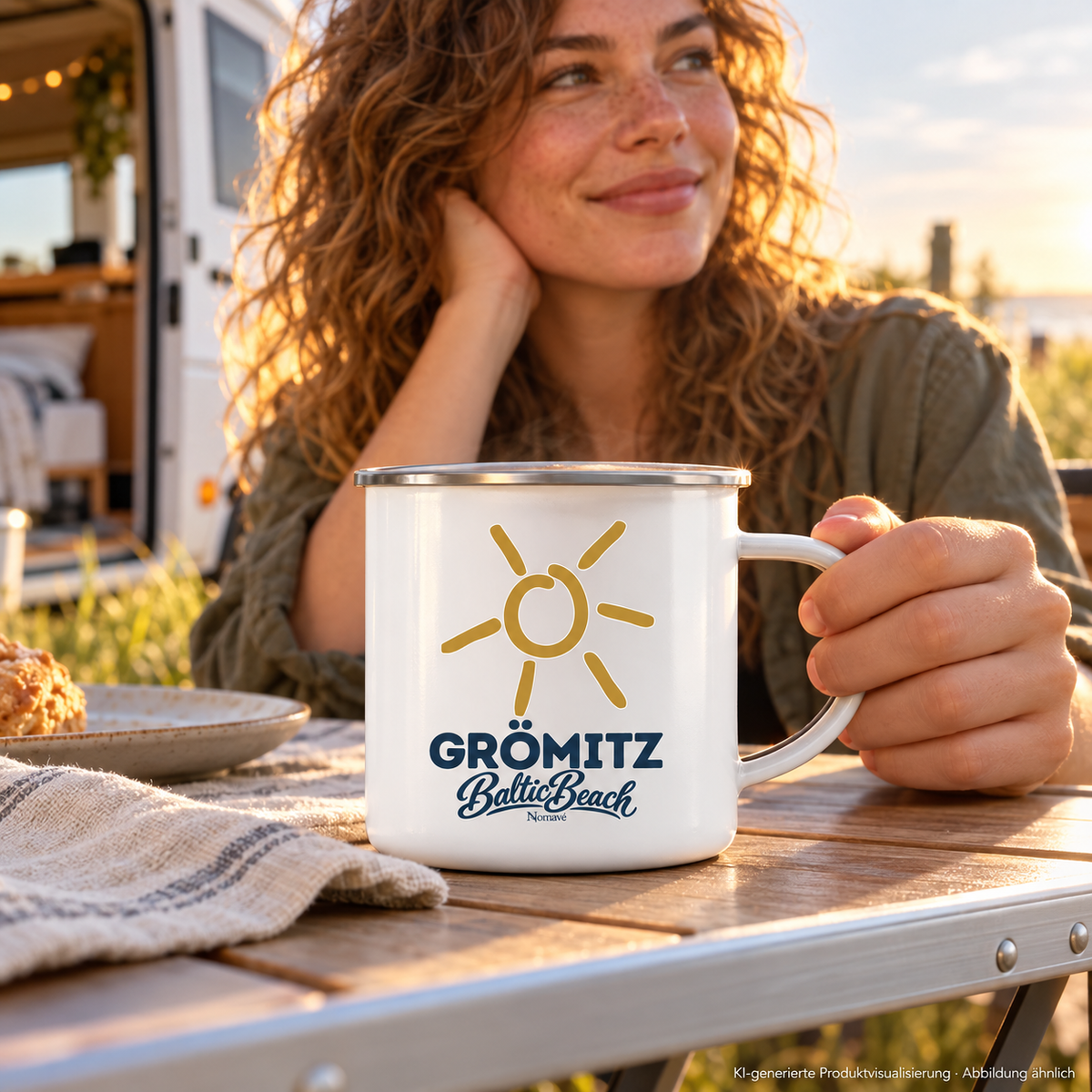 Grömitz Sonne weiße Emaille-Tasse 300 ml mit Silberrand beim Frühstück vor dem Camper – KI-Produktvisualisierung