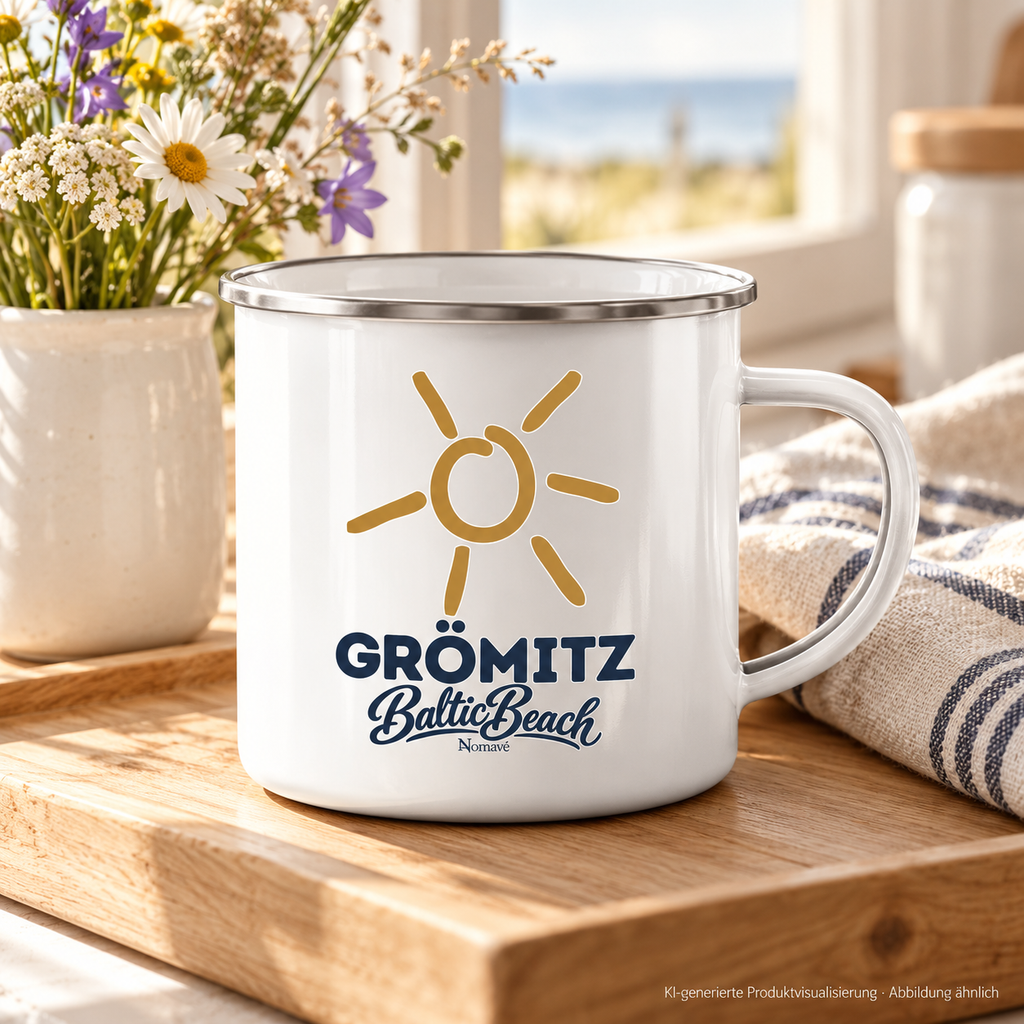 Grömitz Sonne Emaille-Tasse 300 ml mit Silberrand auf Holztablett neben Blumen am Küchenfenster – KI-Produktvisualisierung