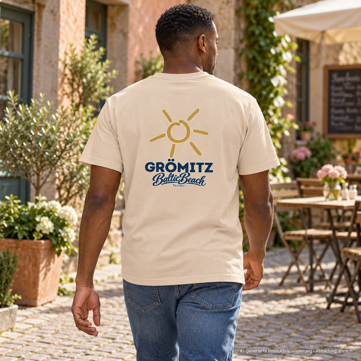 Grömitz Sonne Essential T-Shirt in Natural mit Baltic-Beach-Rückendruck – Mann im Café-Innenhof, KI-Produktvisualisierung