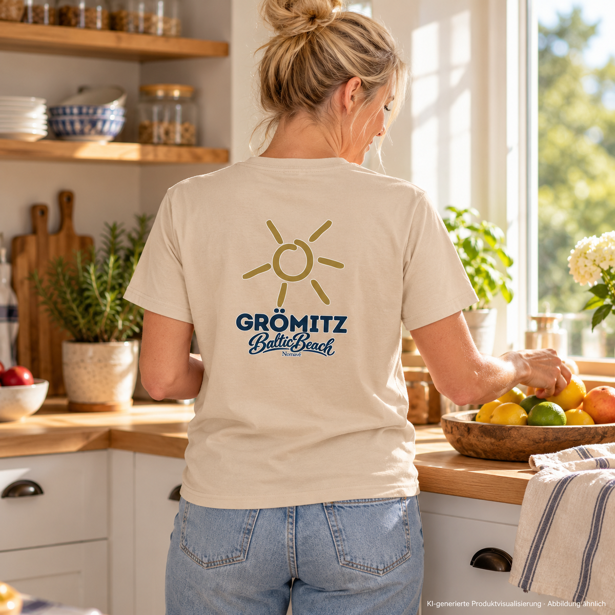 Grömitz Sonne Essential T-Shirt in Natural mit Baltic-Beach-Rückendruck – Frau in heller Küche, KI-Produktvisualisierung