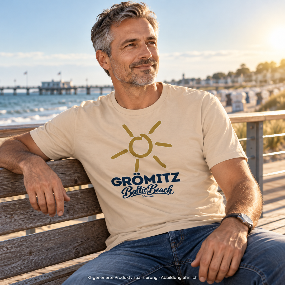 Grömitz Sonne Essential T-Shirt in Natural mit Baltic-Beach-Frontdruck – Mann auf Promenadenbank, KI-Produktvisualisierung