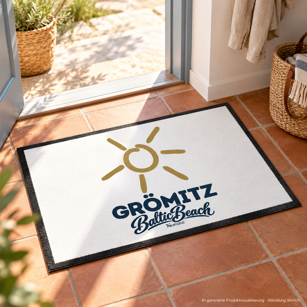 Grömitz Sonne Fußmatte 60 × 40 cm mit Sonnenmotiv im Eingangsflur einer hellen Ferienwohnung – KI-Produktvisualisierung