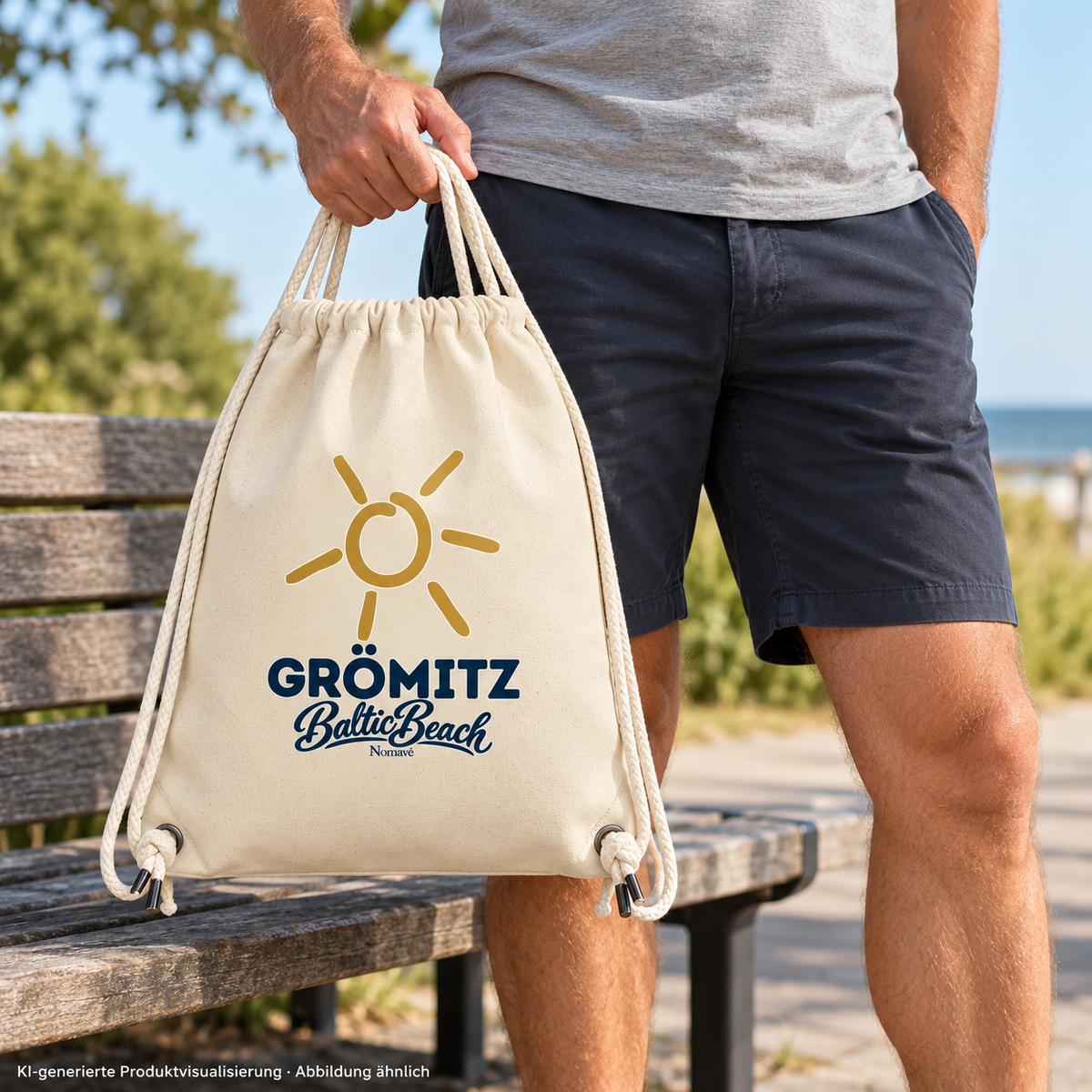 Grömitz Sonne Gym-Bag aus Recycling-Canvas in Natural mit Baltic-Beach-Motivdruck – Mann hält Beutel neben Parkbank, KI-Produktvisualisierung