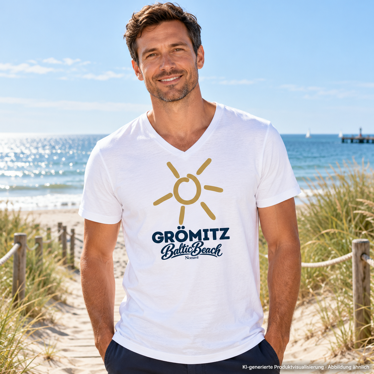 Grömitz Sonne Herren Bio V-Neck T-Shirt in Weiß mit Baltic-Beach-Frontdruck – Mann am Dünenweg, KI-Produktvisualisierung