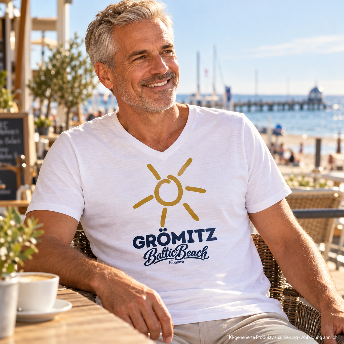 Grömitz Sonne Herren Bio V-Neck T-Shirt in Weiß mit Baltic-Beach-Frontdruck – Mann auf Meerterrasse, KI-Produktvisualisierung