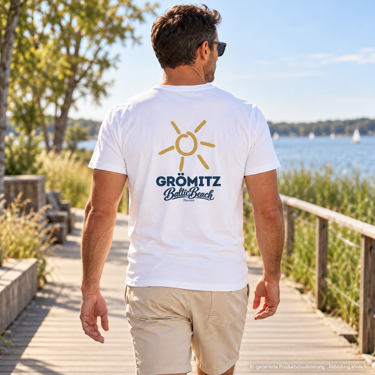 Grömitz Sonne Herren Bio V-Neck T-Shirt White mit Rückendruck – Mann auf Holzsteg am See, KI-Produktvisualisierung