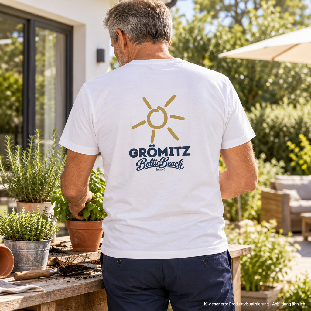Grömitz Sonne Herren Bio V-Neck T-Shirt White mit Rückendruck – Mann beim Kräutertopfen im Garten, KI-Produktvisualisierung