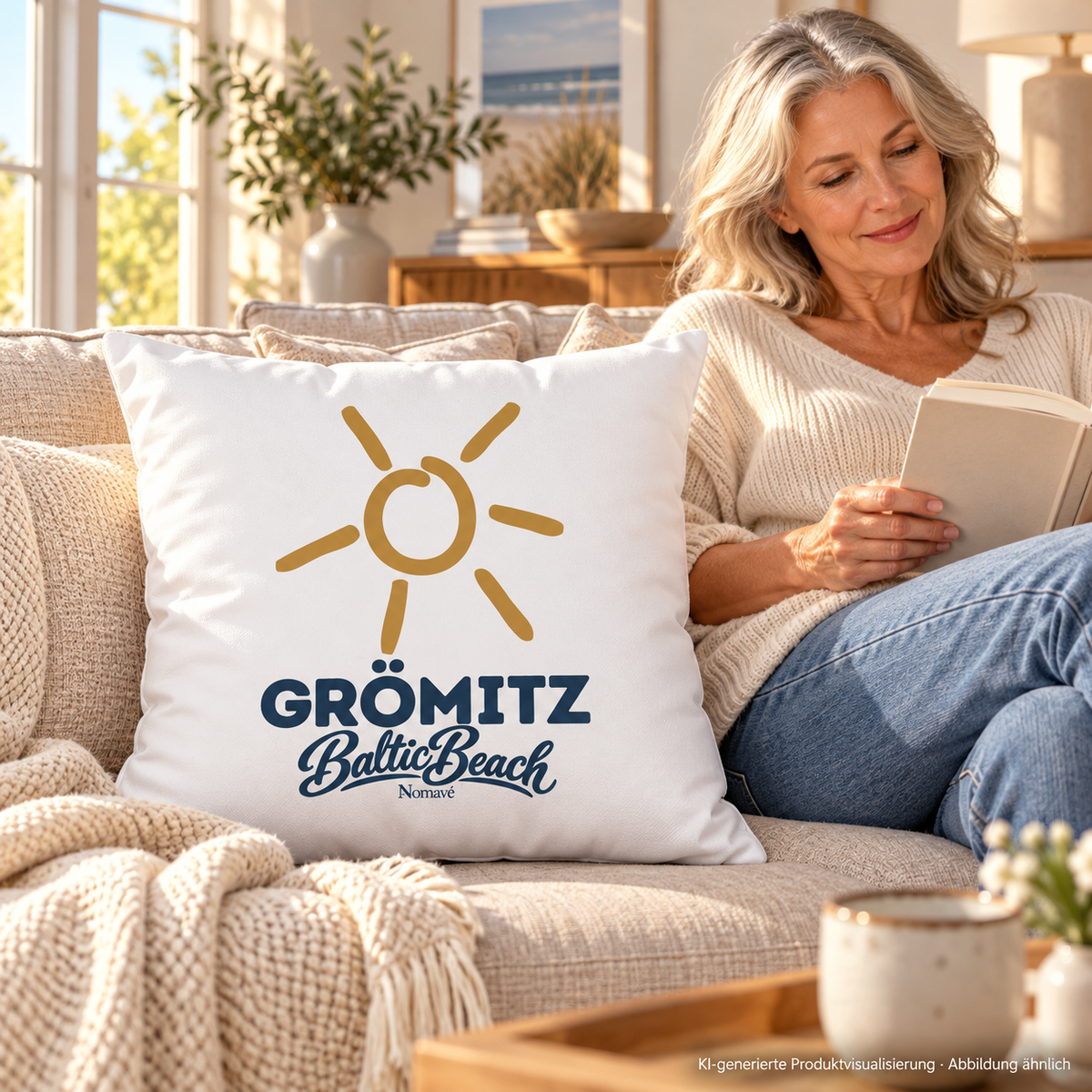 Grömitz Sonne weißes Dekokissen 40 × 40 cm mit Baltic-Beach-Motiv auf einem beigen Sofa neben einer lesenden Frau – KI-Produktvisualisierung