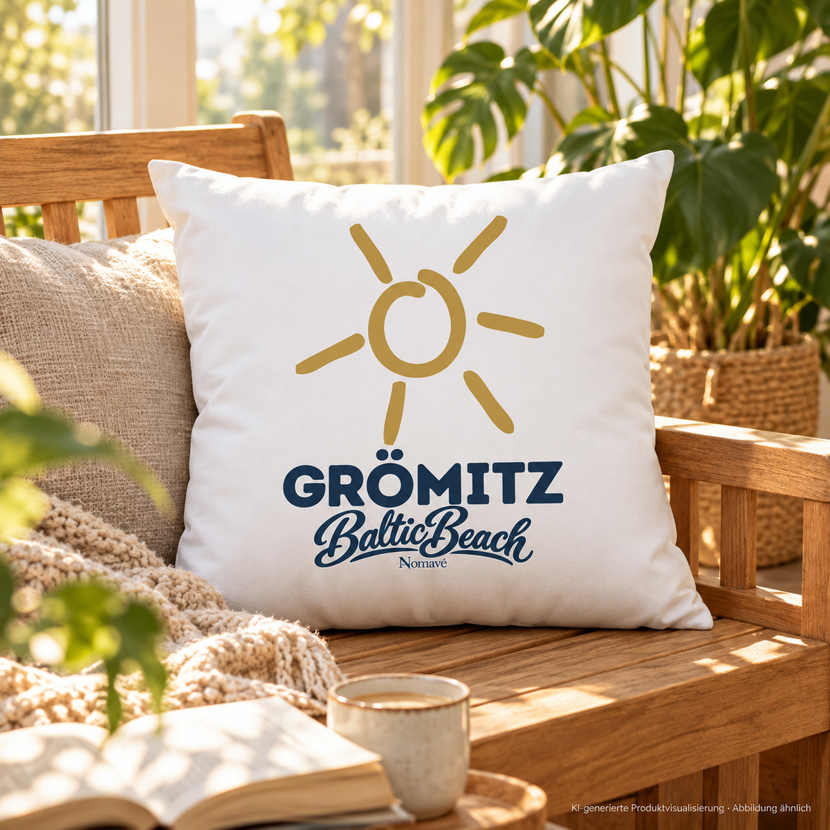 Grömitz Sonne weißes Dekokissen 40 × 40 cm auf einer Holzbank im hellen Wintergarten – KI-Produktvisualisierung