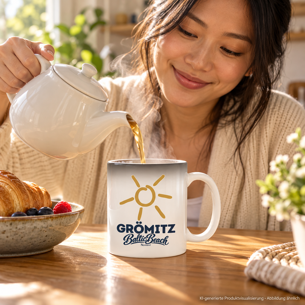 Grömitz Sonne Magic Mug 330 ml beim Eingießen von heißem Tee, helle Motivdarstellung mit goldener Sonne – KI-Produktvisualisierung