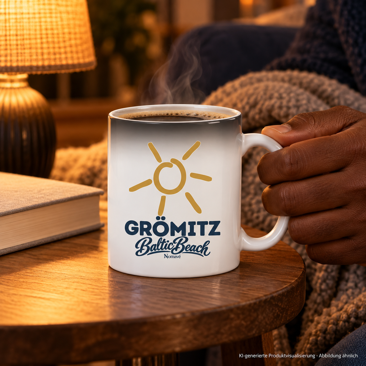 Grömitz Sonne Magic Mug 330 ml mit heißem Kaffee in einer warm beleuchteten Leseecke – KI-Produktvisualisierung