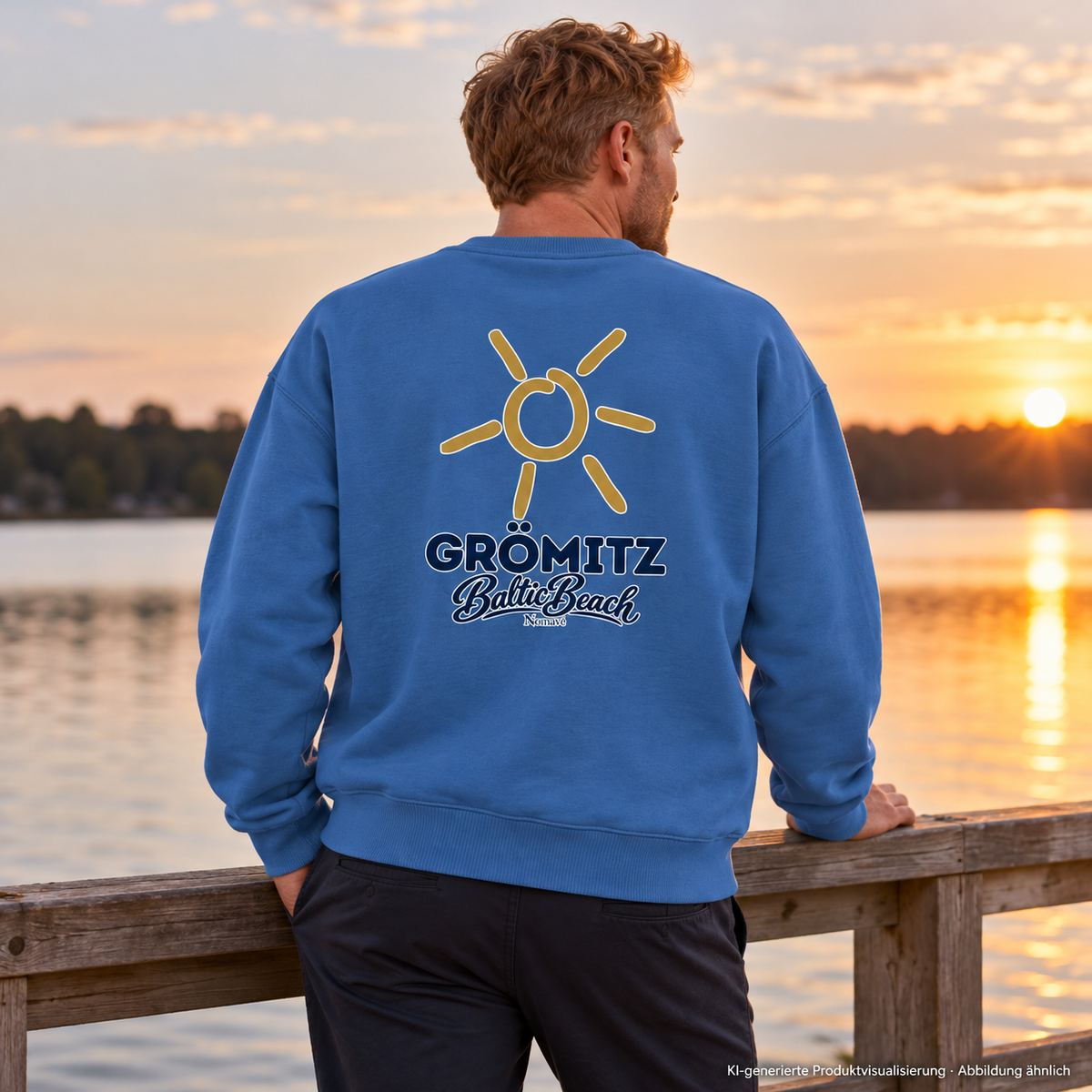 Grömitz Sonne Bio Oversize Sweatshirt Mindful Blue mit Rückendruck – Mann am See im Abendlicht, KI-Produktvisualisierung