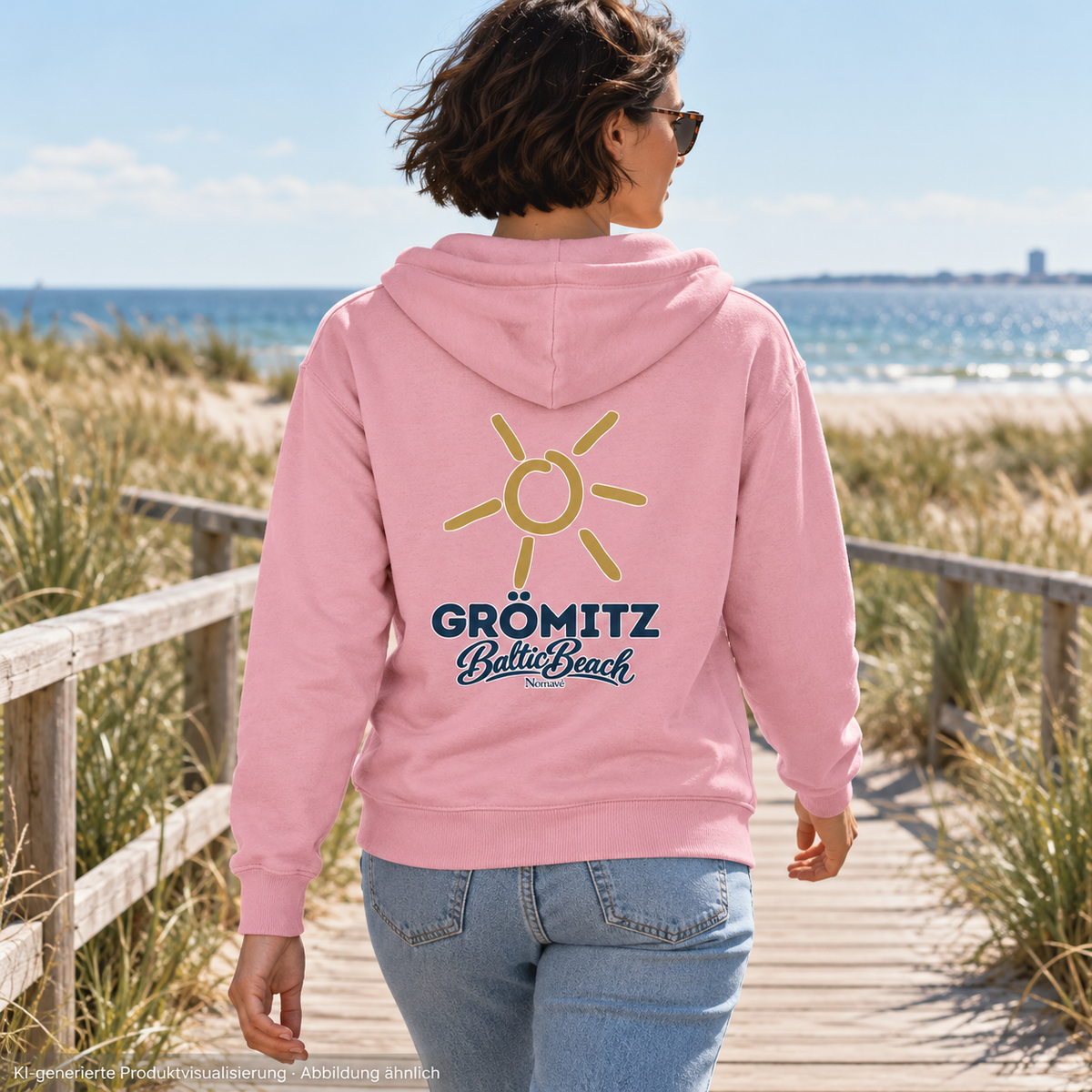 Grömitz Sonne Bio Relaxed Zipper in Cotton Pink mit Baltic-Beach-Rückendruck – Frau auf Dünensteg, Rückansicht, KI-Produktvisualisierung