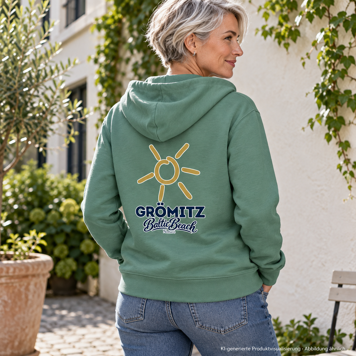 Grömitz Sonne Bio Relaxed Zipper in Green Bay mit Baltic-Beach-Rückendruck – Frau im begrünten Innenhof, Rückansicht, KI-Produktvisualisierung