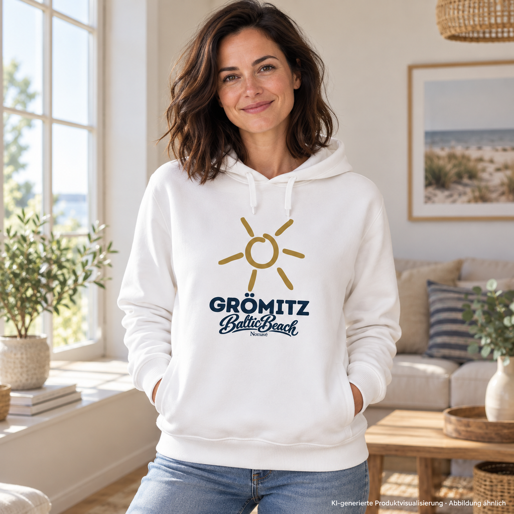 Grömitz Sonne Unisex Hoodie mit Seitentaschen in Weiß mit Baltic-Beach-Frontdruck – Frau am Wohnzimmerfenster, KI-Produktvisualisierung