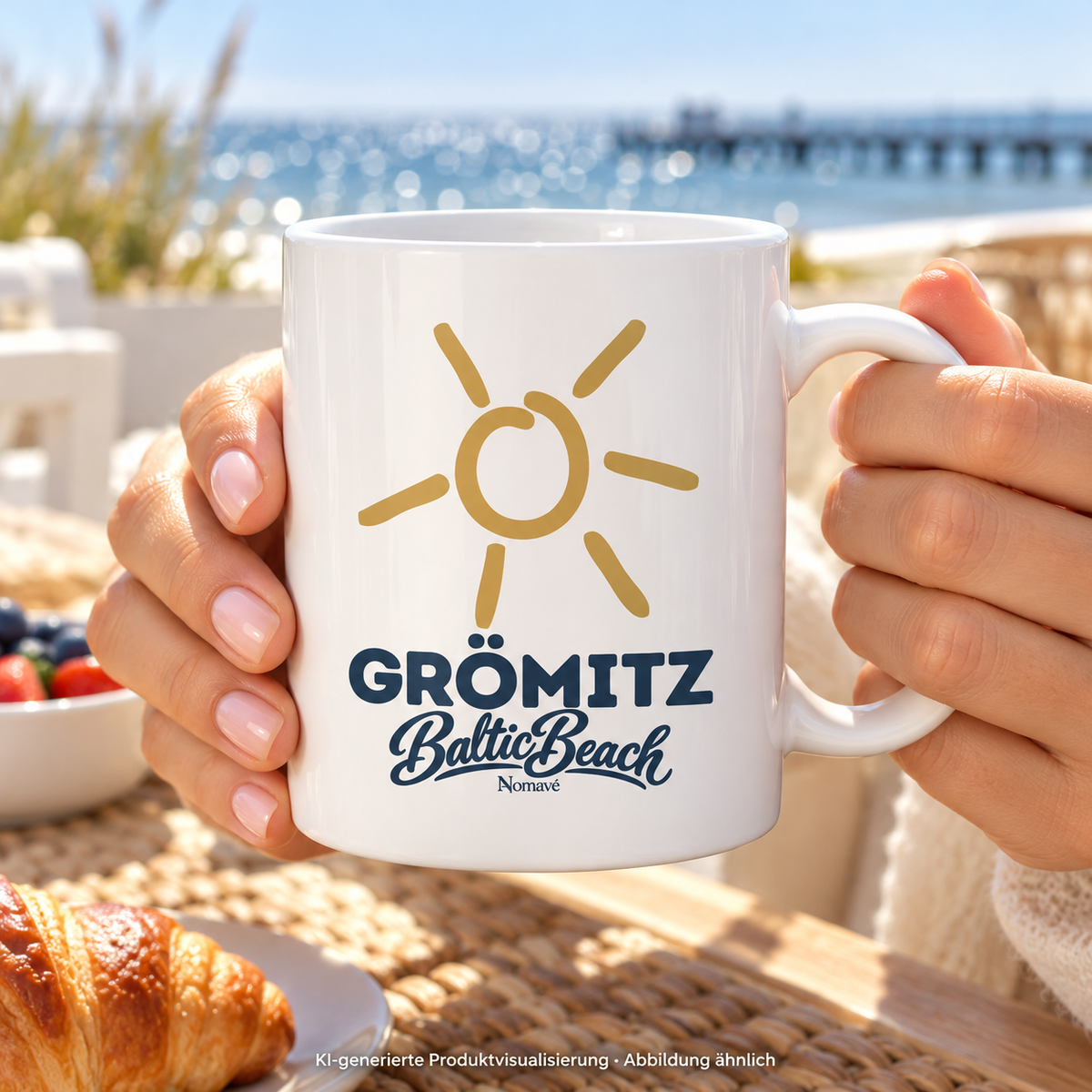 Grömitz Sonne glänzende Tasse 330 ml in Hochweiß mit Baltic-Beach-Motiv – Tasse in Frauenhänden beim Frühstück am Meer, KI-Produktvisualisierung