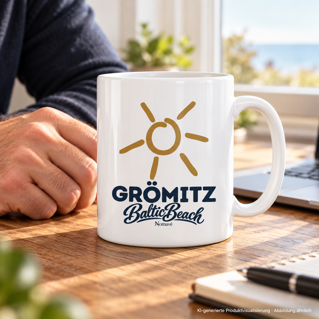 Grömitz Sonne glänzende Tasse 330 ml in Hochweiß mit Baltic-Beach-Motiv – Tasse am sonnigen Schreibtisch, KI-Produktvisualisierung