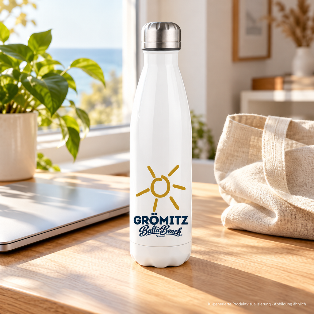 Grömitz Sonne weiße Edelstahl-Thermoflasche 500 ml mit silbernem Deckel am hellen Schreibtisch – KI-Produktvisualisierung